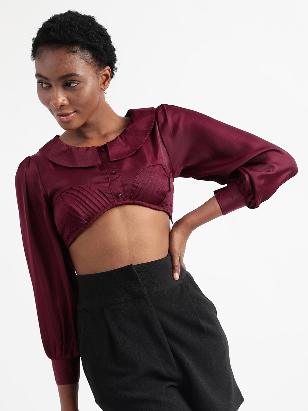 

Virgio Peter Pan Collar Crop Shirt Style Top, Maroon