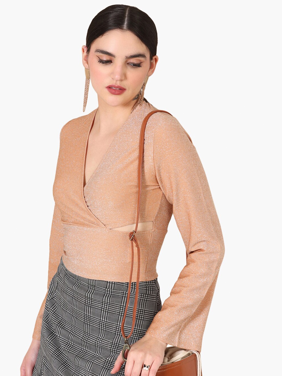 

Virgio Beige V-Neck Flared Sleeves Cut-Out Wrap Top