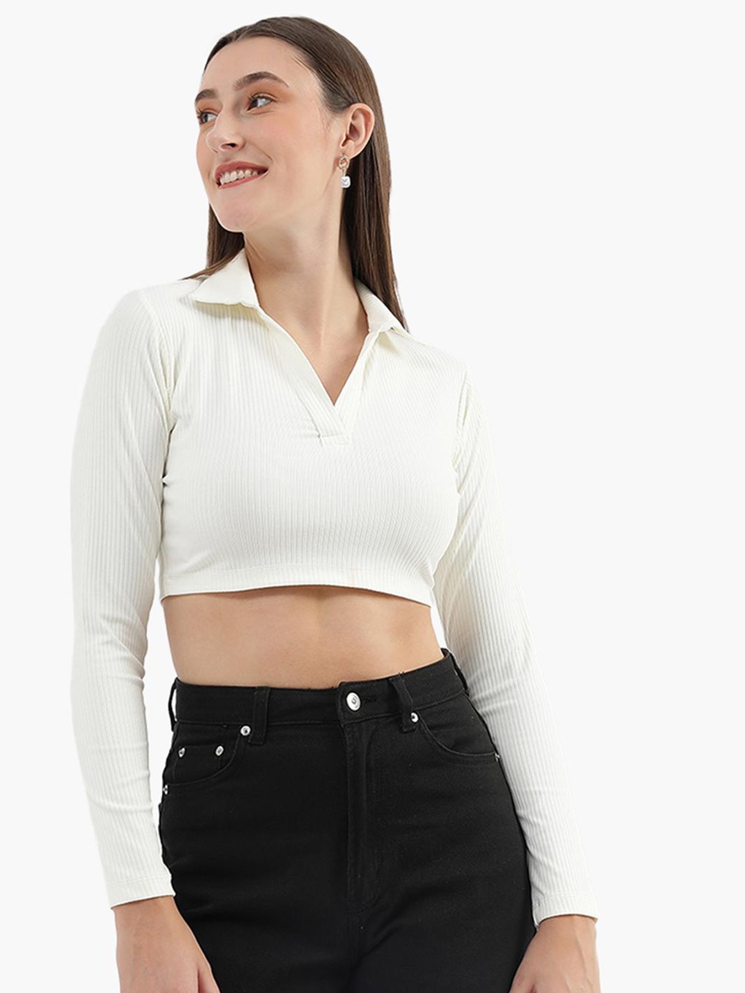 

Virgio Ribbed Shirt Collar Fitted Crop Top, White