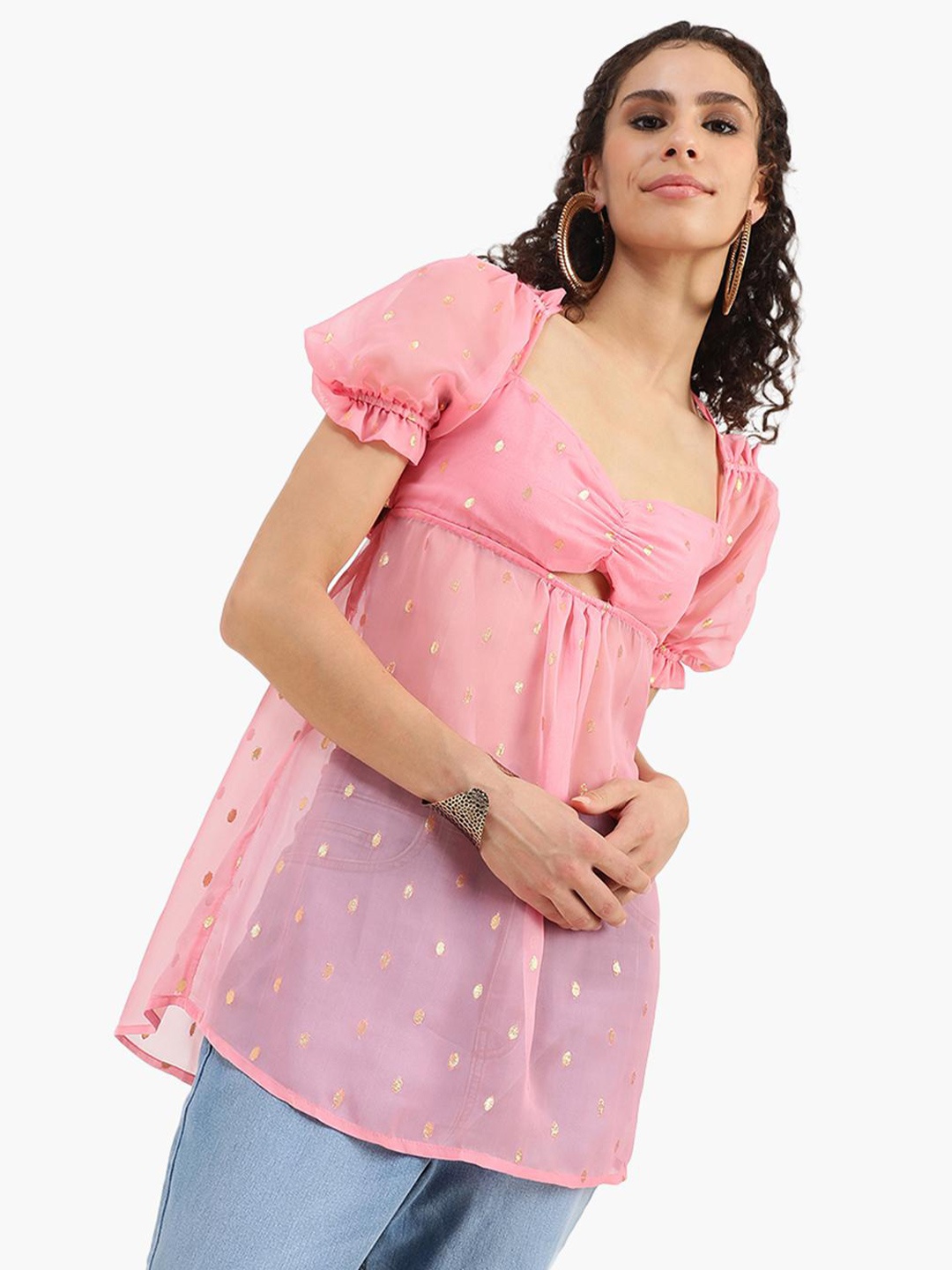 

Virgio Polka Dot Foil Printed Sweetheart Neck Puff Sleeves Cut-out Top, Pink