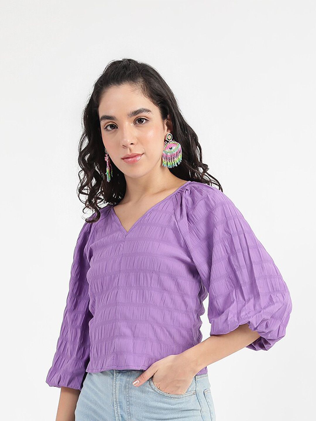 

Virgio Self Design V-Neck Puff Sleeves Top, Purple