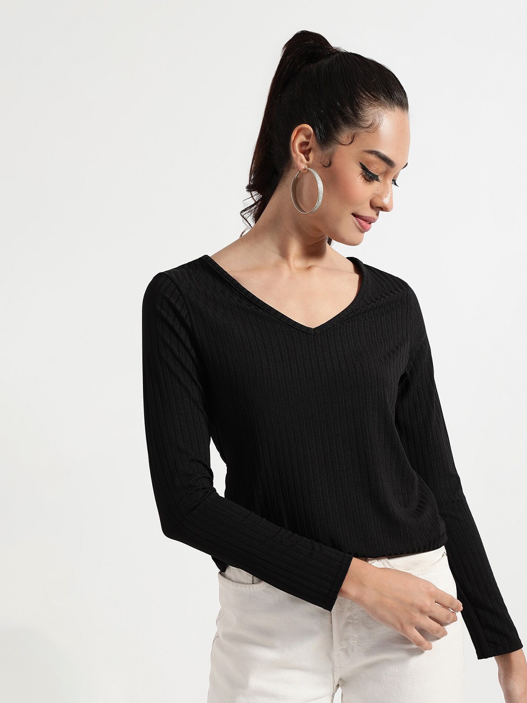 

Virgio Ribbed V-Neck Long Sleeves Top, Black