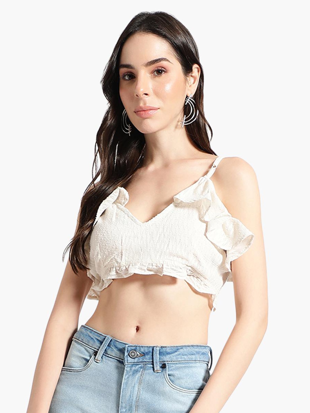 

Virgio Self Design V-Neck Ruffles Crop Top, White