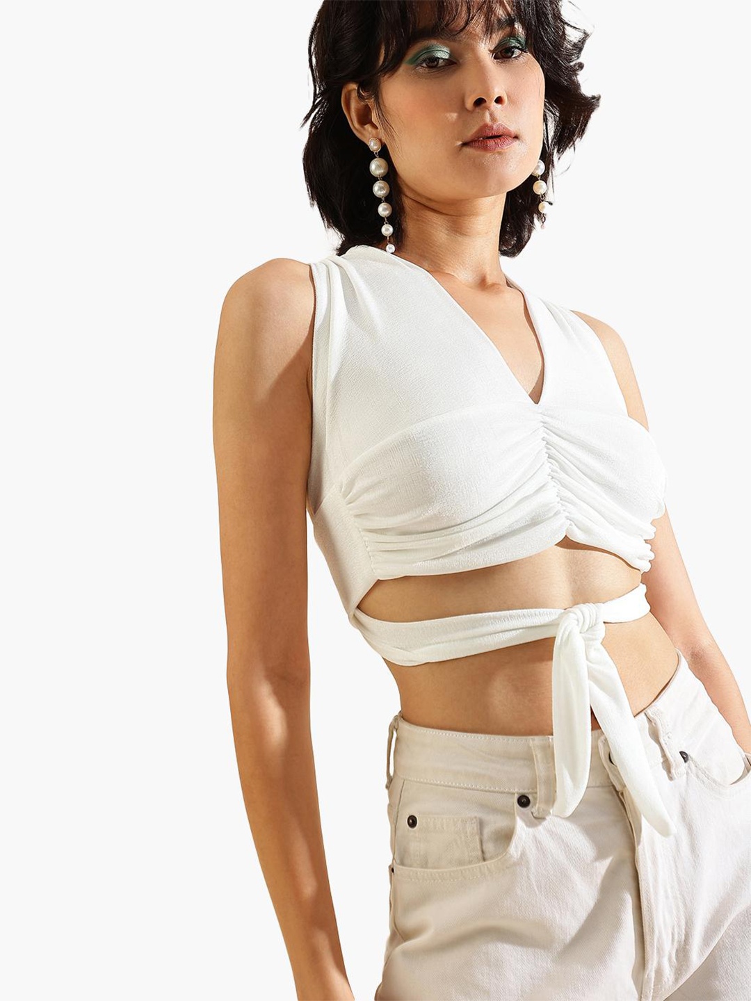 

Virgio V-Neck Tie-Up Crop Top, White