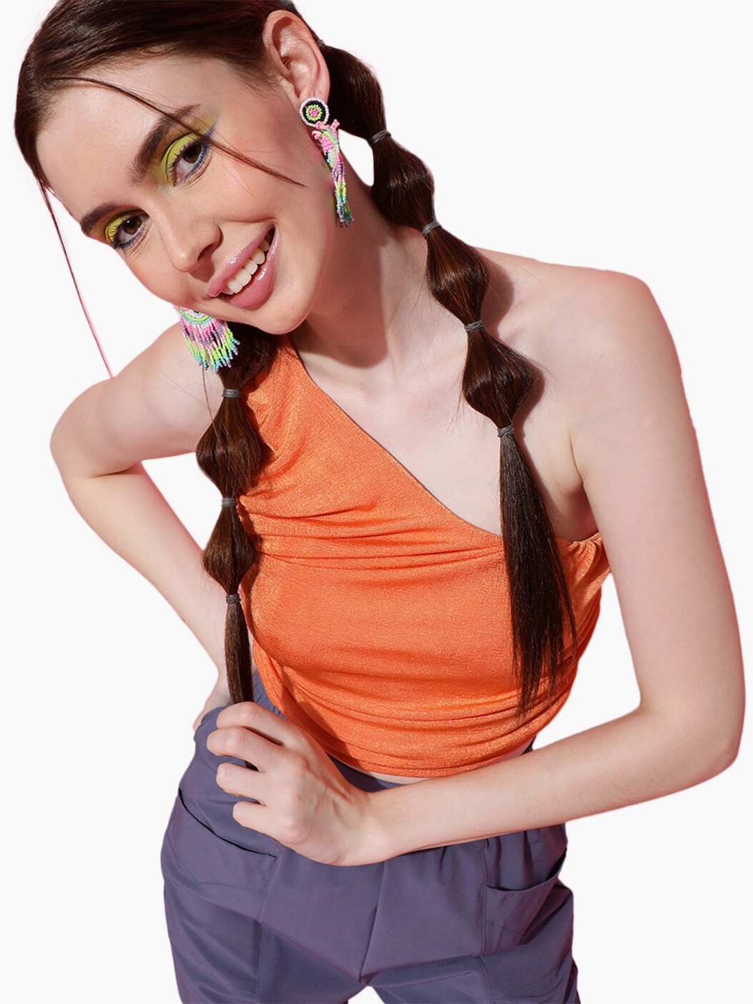 

Virgio One Shoulder Ruched Crop Top, Coral