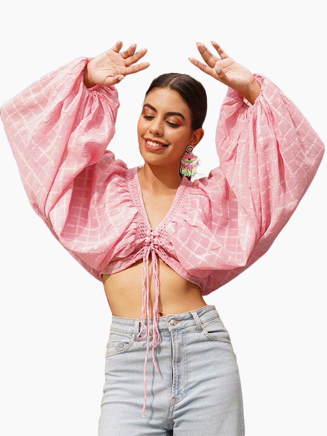 

Virgio Self design Balloon Sleeves Crop Top, Pink