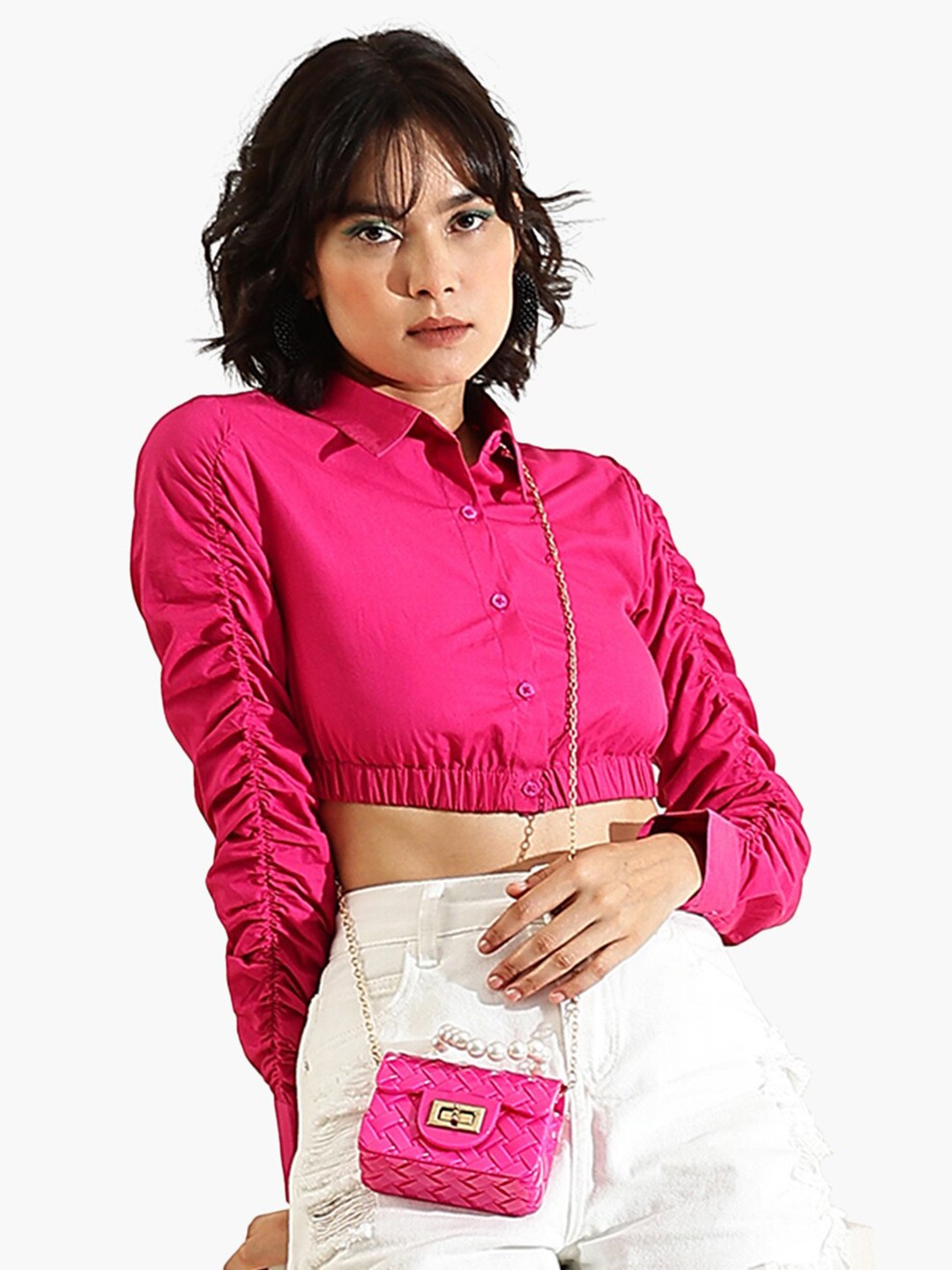 

Virgio Shirt Collar Cuffed Sleeves Pure Cotton Shirt Style Top, Pink