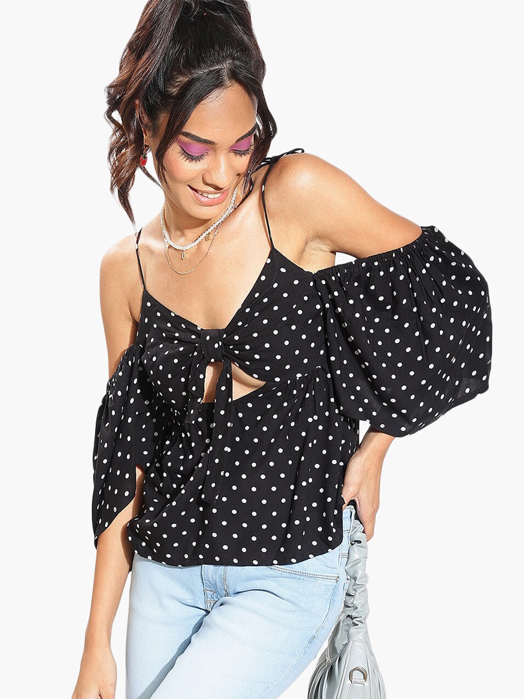 

Virgio Polka Dots Printed Cold-Shoulder Cut-Outs Detail Regular Top, Black