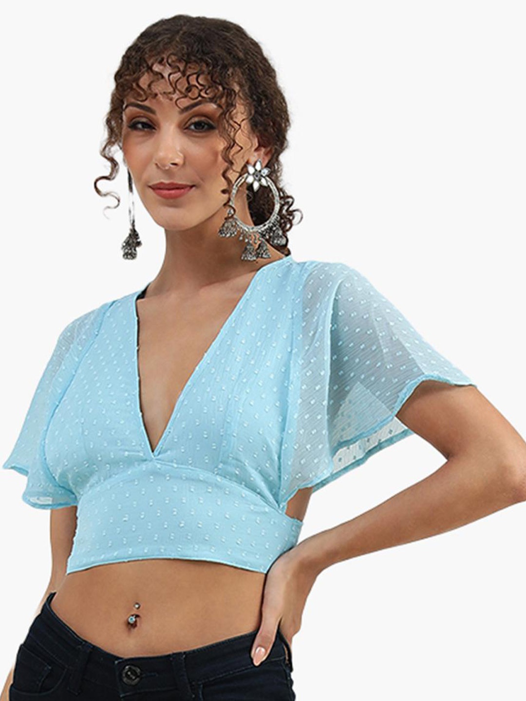 

Virgio Self Design V-Neck Flared Sleeves Styled Back Crop Top, Blue