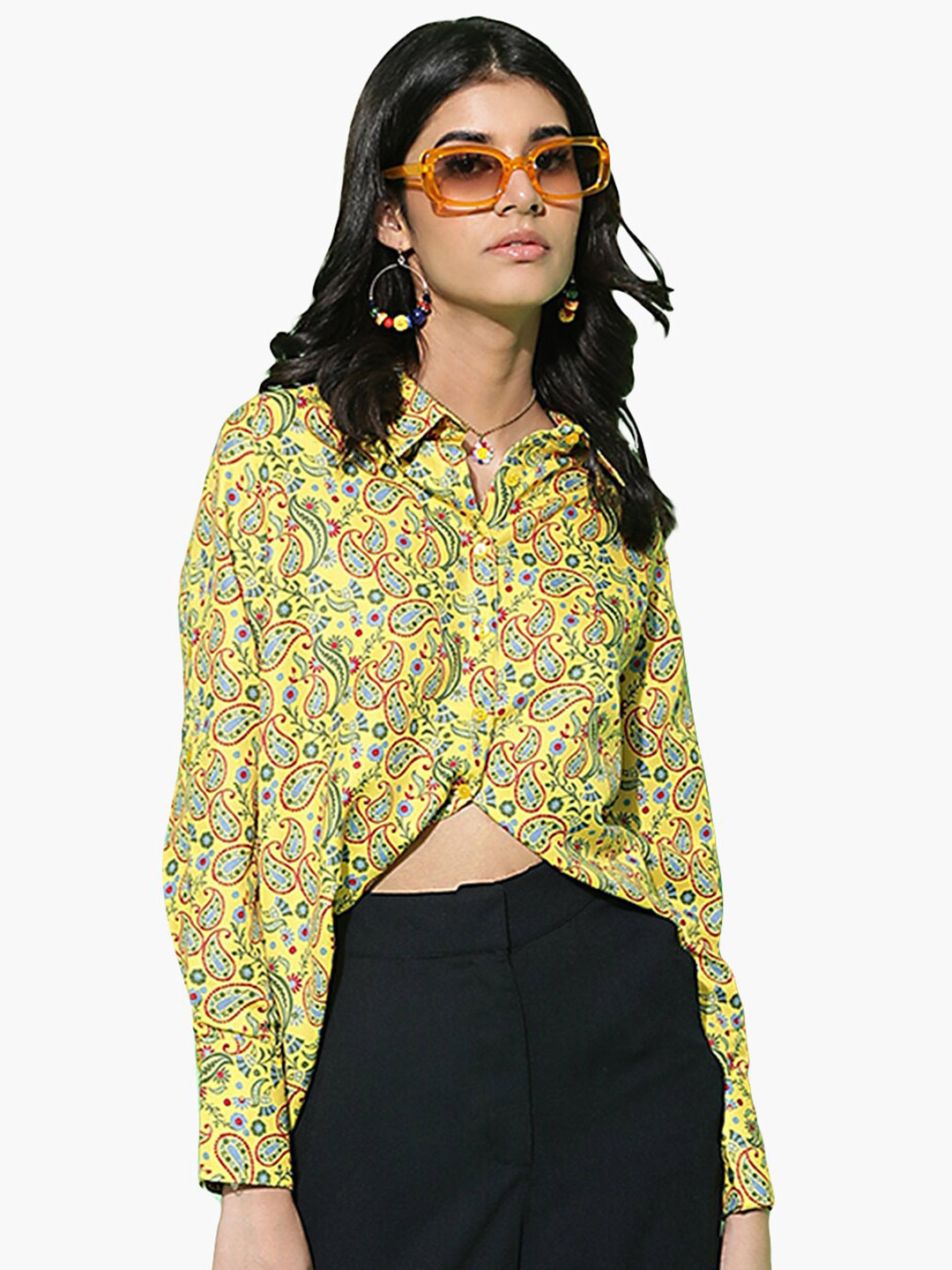 

Virgio Paisley Printed Cuffed Sleeves Shirt Style Top, Yellow