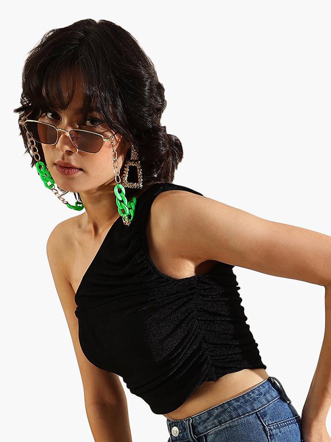 

Virgio One Shoulder Ruched Crop Top, Black