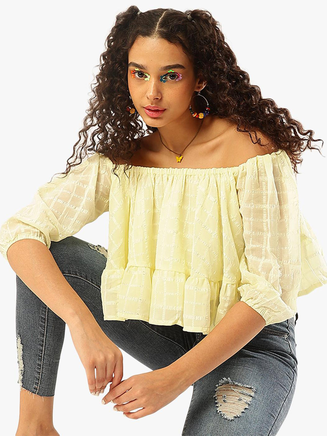 

Virgio Self Design Off Shoulder Puff Sleeves Bardot Top, Yellow