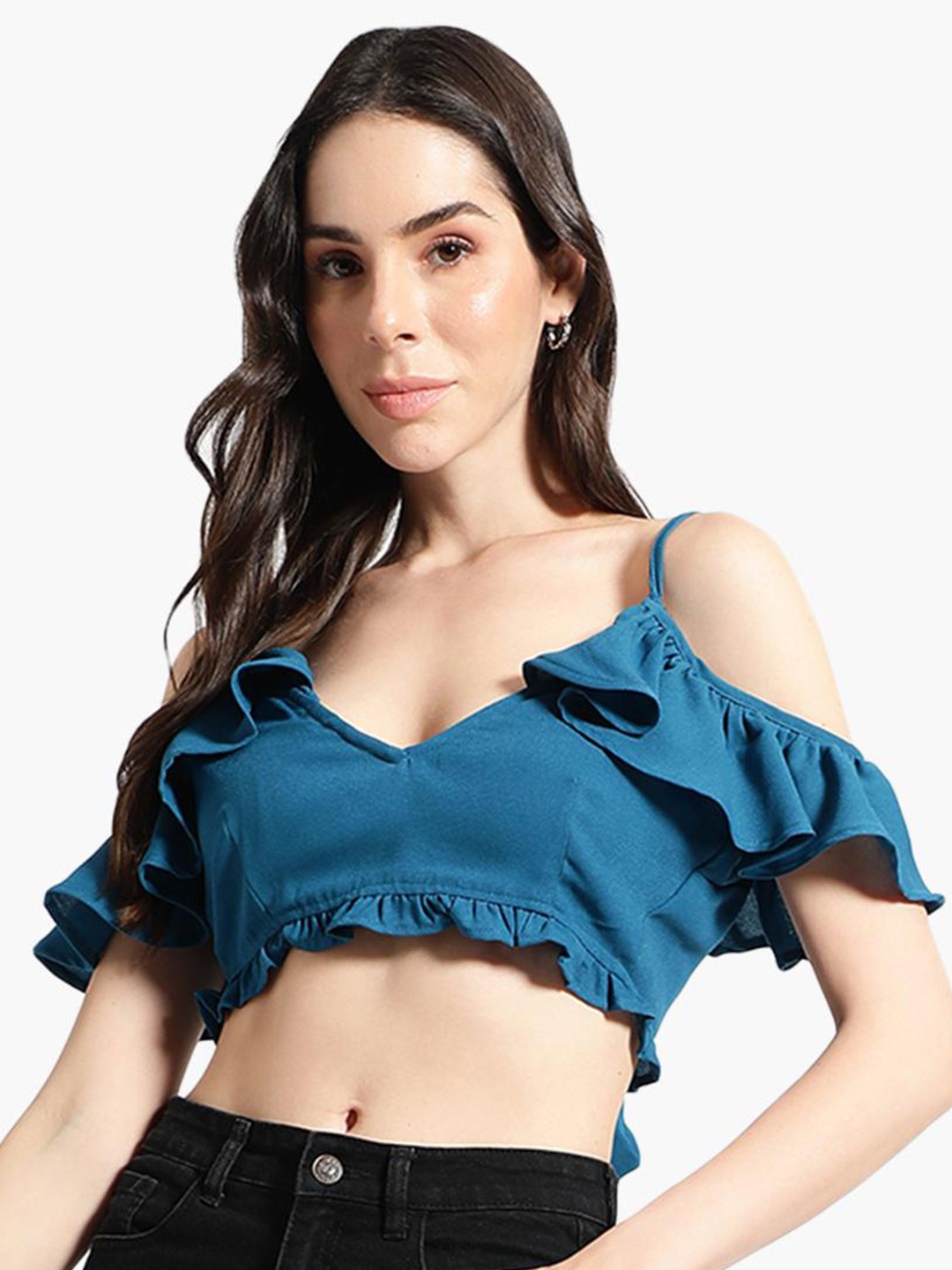 

Virgio Blue Cold-Shoulder Sleeves Ruffled Blouson Crop Top, Teal