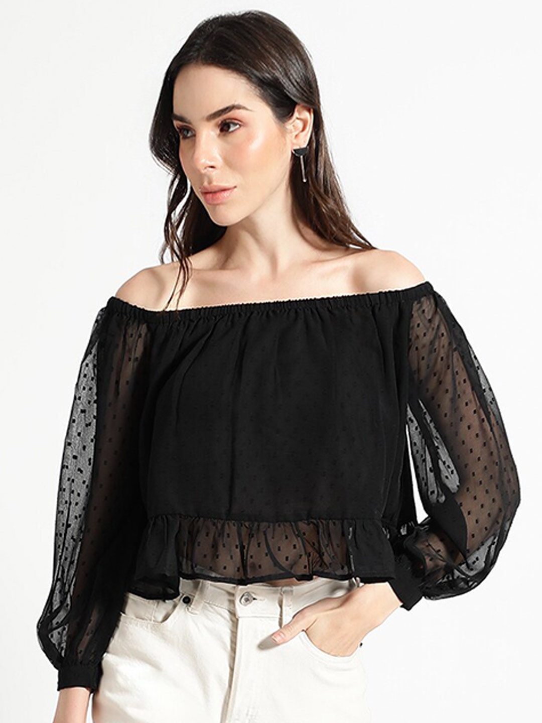 

Virgio Self Design Off-Shoulder A-Line Top, Black