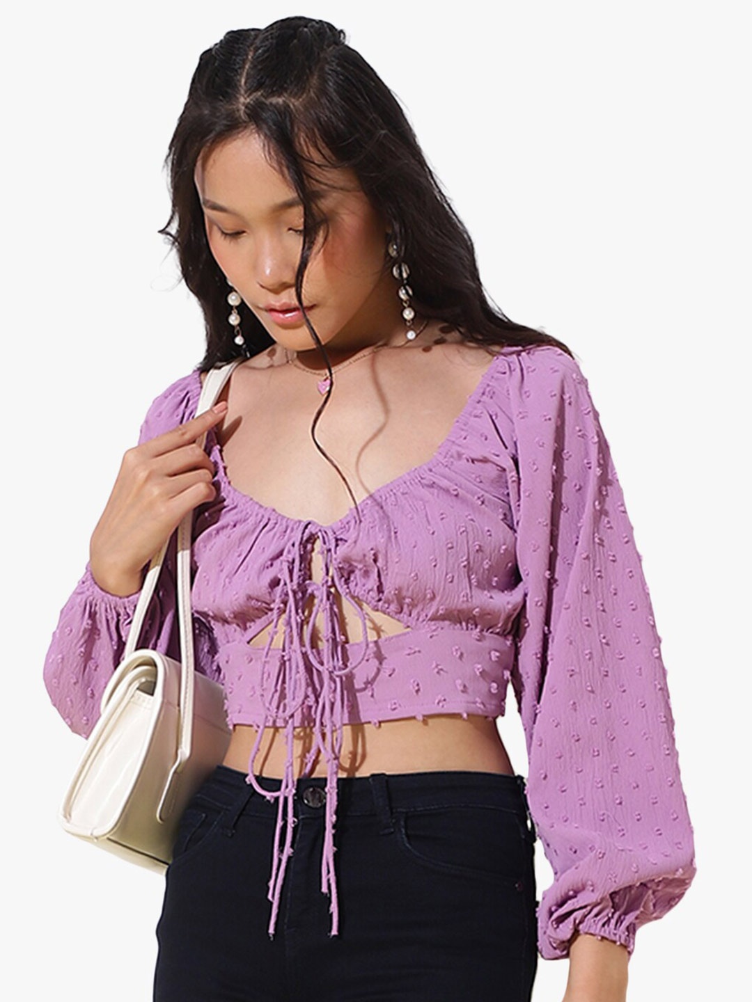 

Virgio Self Design V-Neck Puff Sleeve Blouson Crop Top, Violet