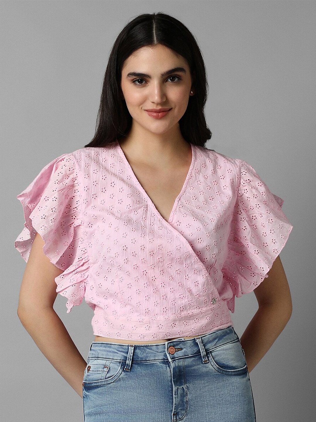 

Allen Solly Woman Self Designed Flutter Sleeve Pure Cotton Wrap Top, Pink