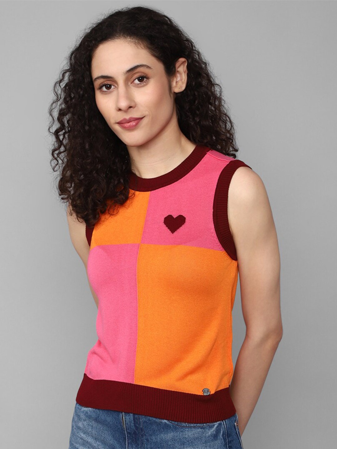 

Allen Solly Woman Sleeveless Colourblocked Top, Orange