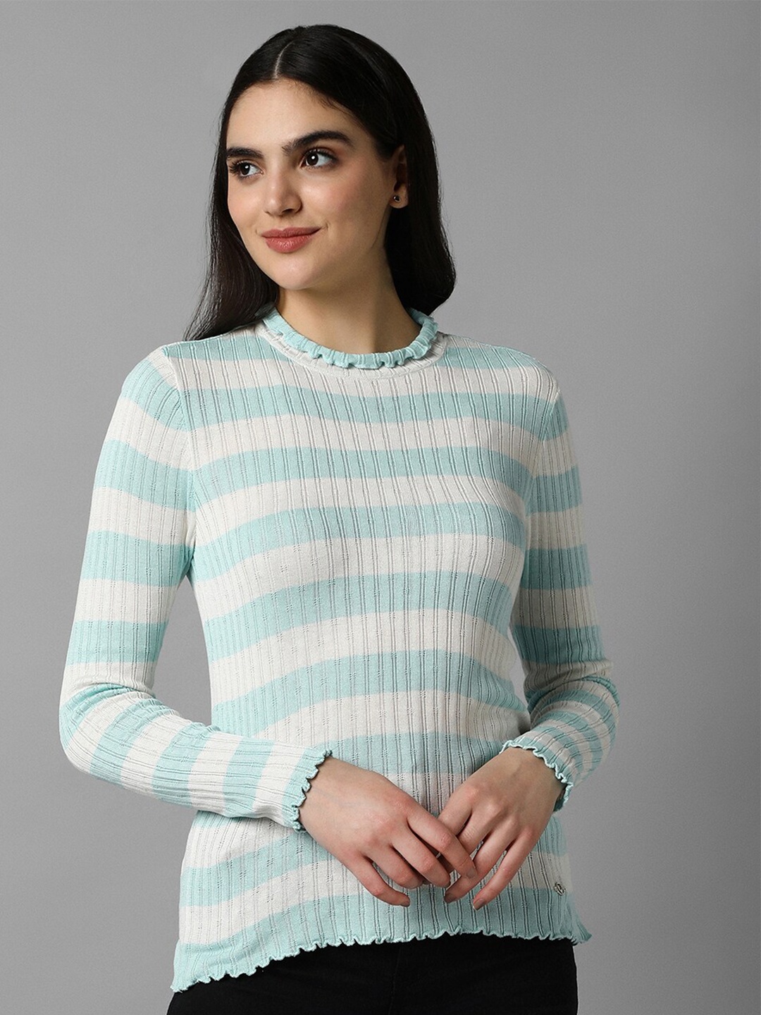 

Allen Solly Woman High Neck Striped Top, Blue