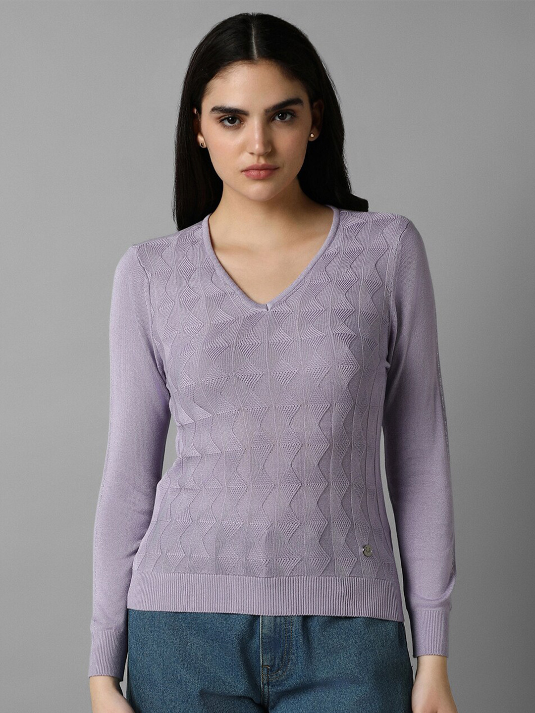 

Allen Solly Woman V-Neck Self Designed Top, Purple