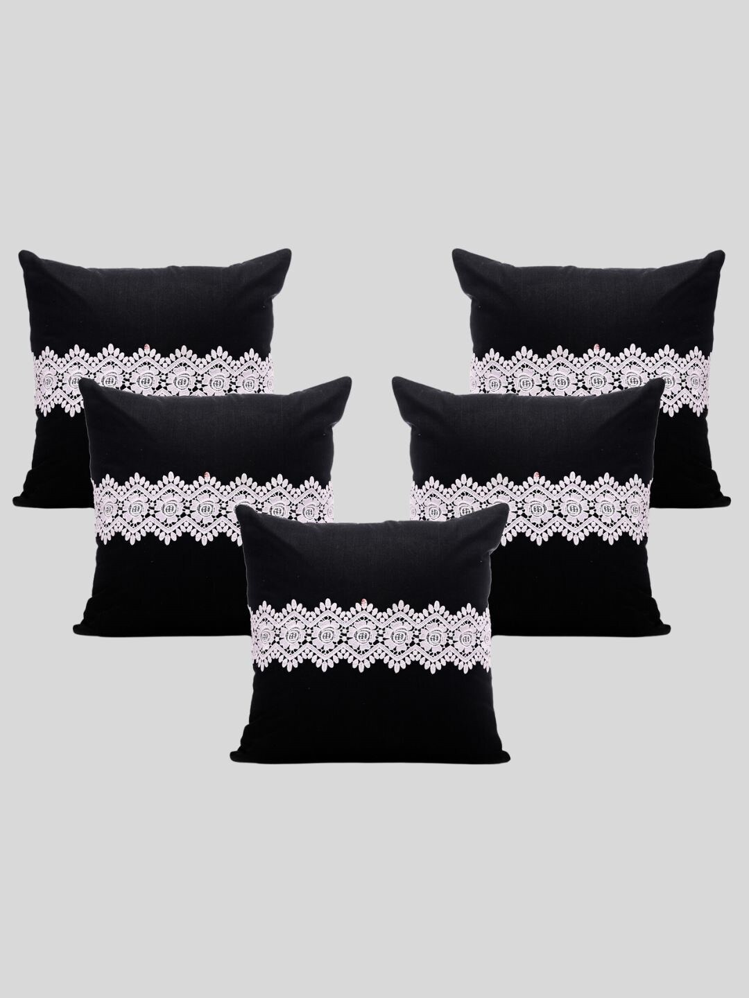 

OUSSUM Black & White 5 Pieces Lace Detailed Cotton Cushion Covers