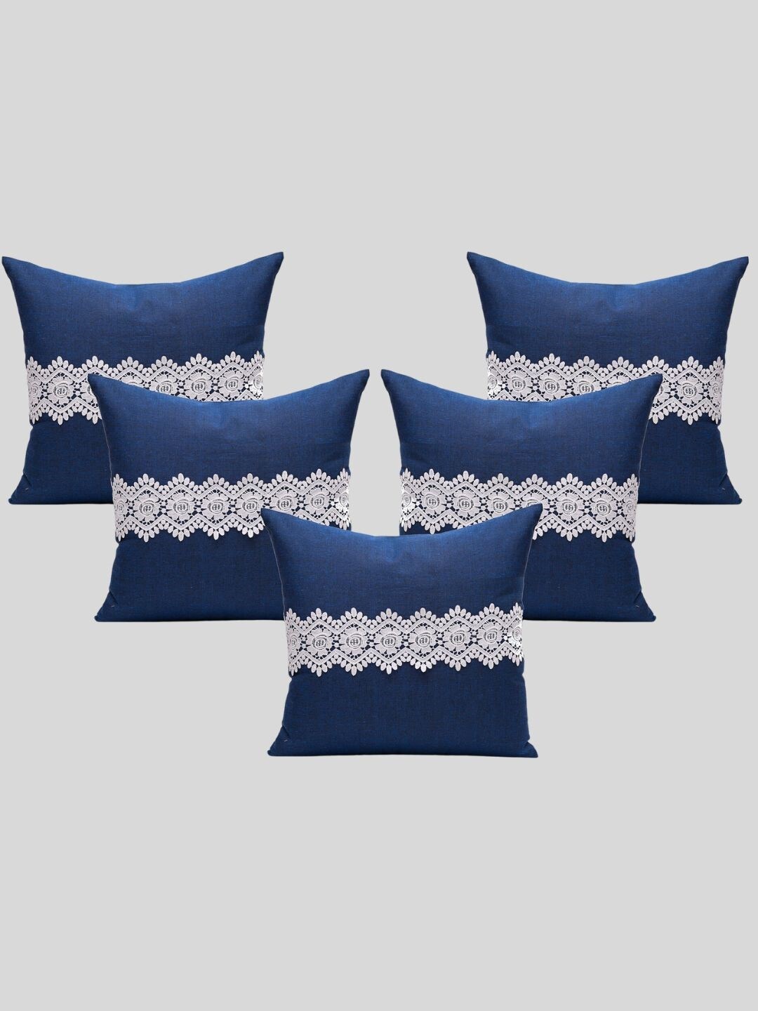 

OUSSUM 5 Pieces Blue & White Lace Detailed Cotton Square Cushion Covers