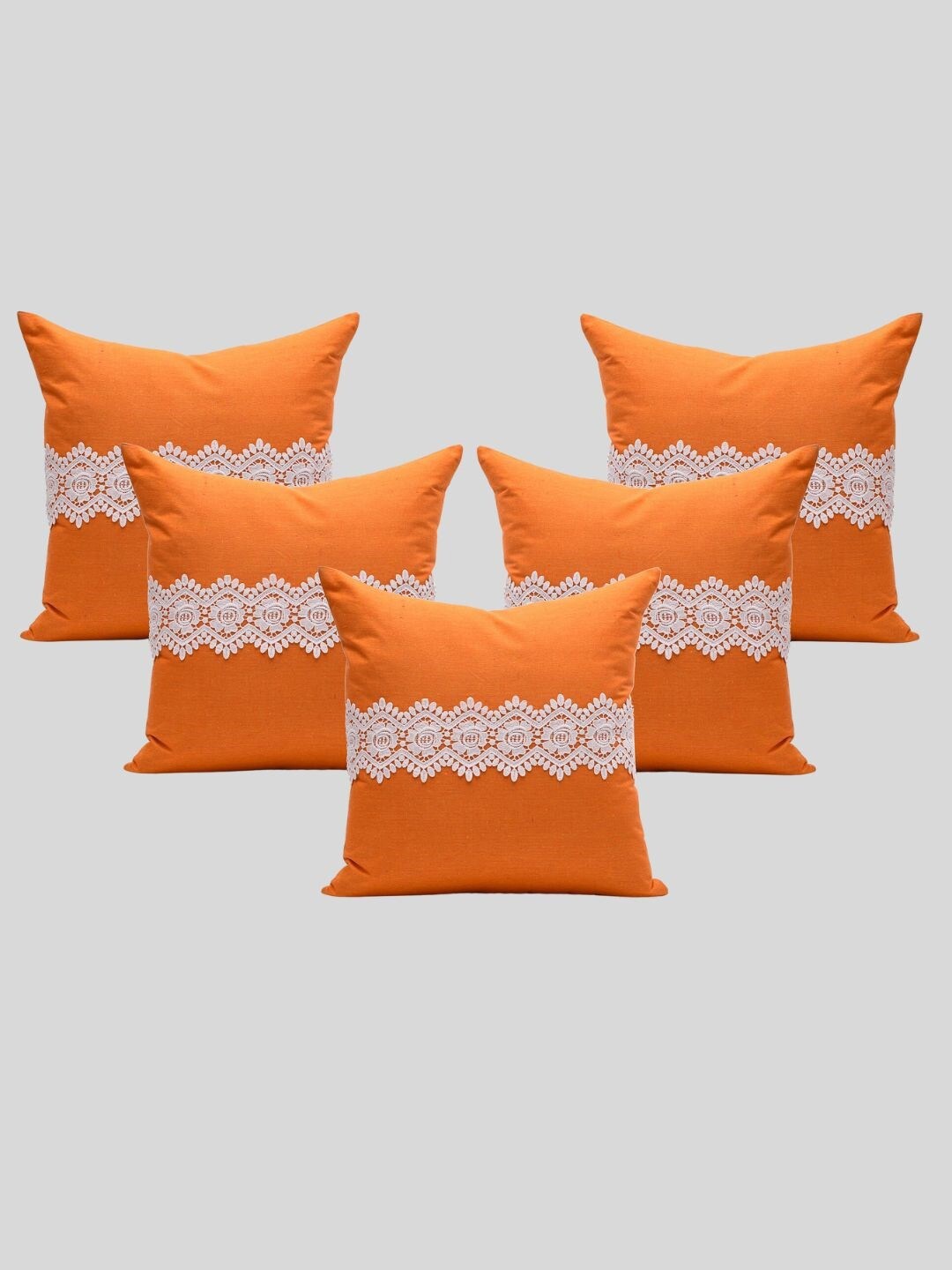 

OUSSUM Orange & White 5 Pieces Lace Detailed Cotton Cushion Covers