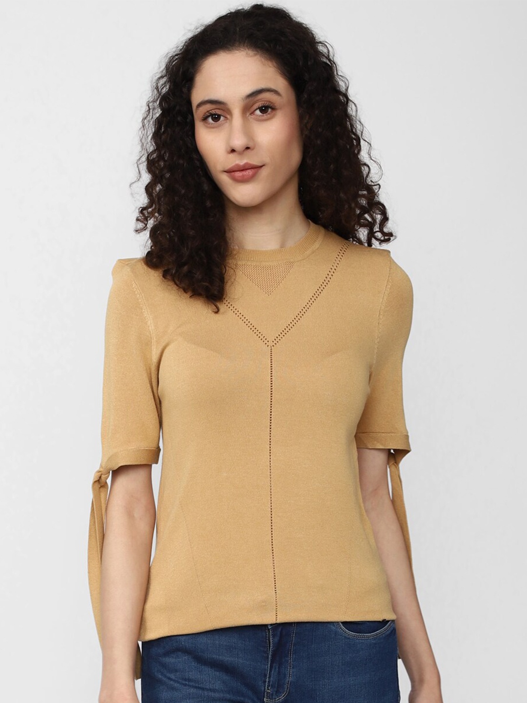 

Van Heusen Woman Round Neck Tie-Up Fitted Top, Brown
