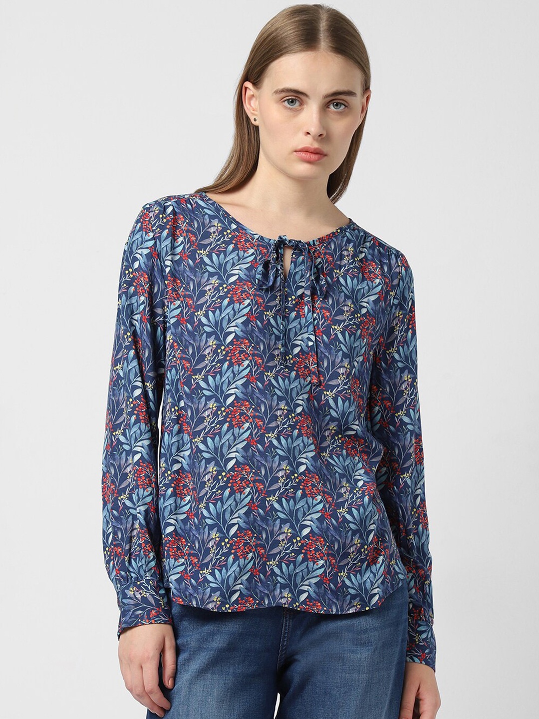 

Van Heusen Woman Floral Printed Tie-Up Neck Cuffed Sleeves Top, Blue