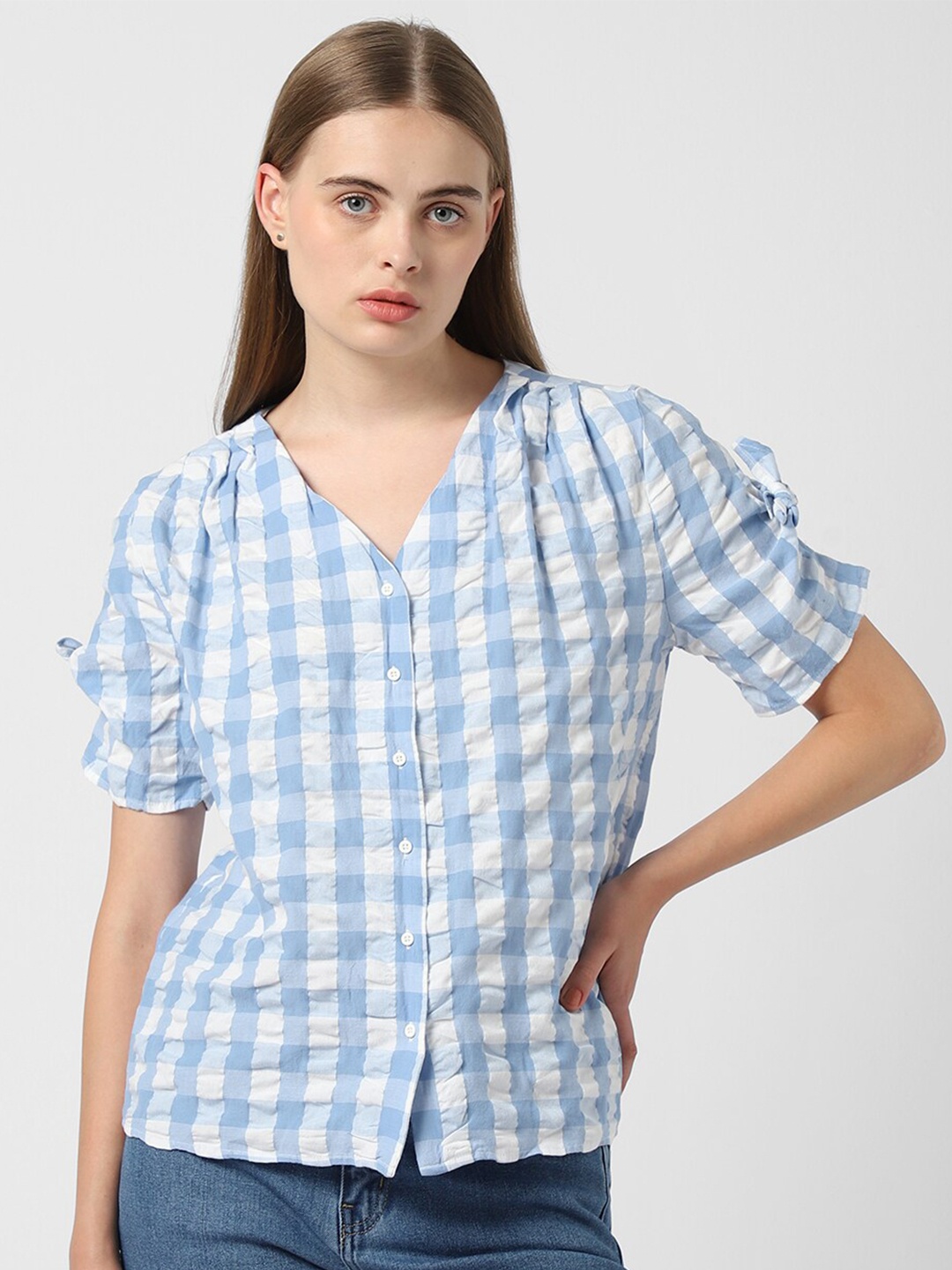 

Van Heusen Woman Checked V-Neck Puff Sleeve Shirt Style Top, Blue