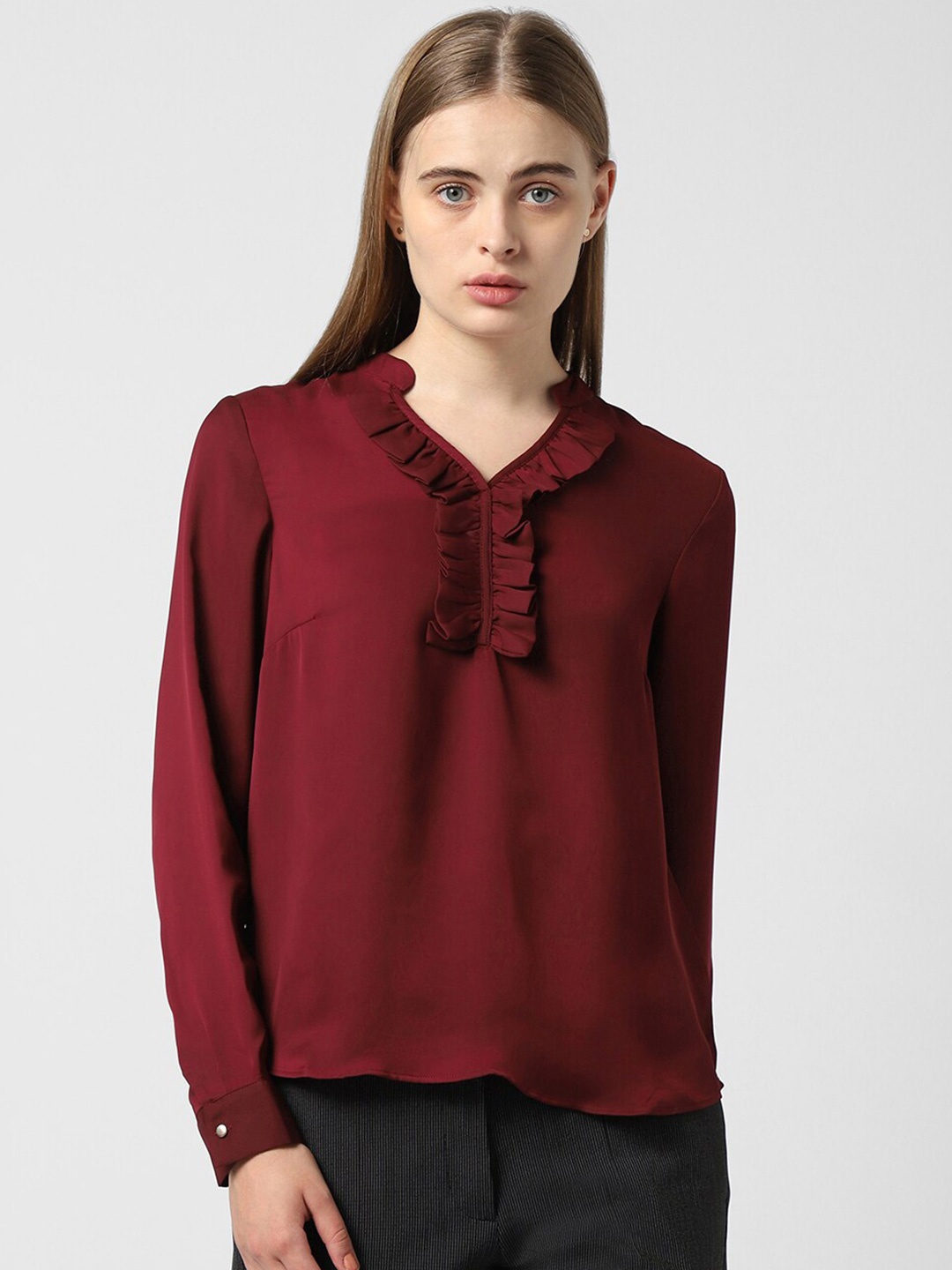 

Van Heusen Woman Solid Mandarin Collar Ruffles Formal Top, Maroon