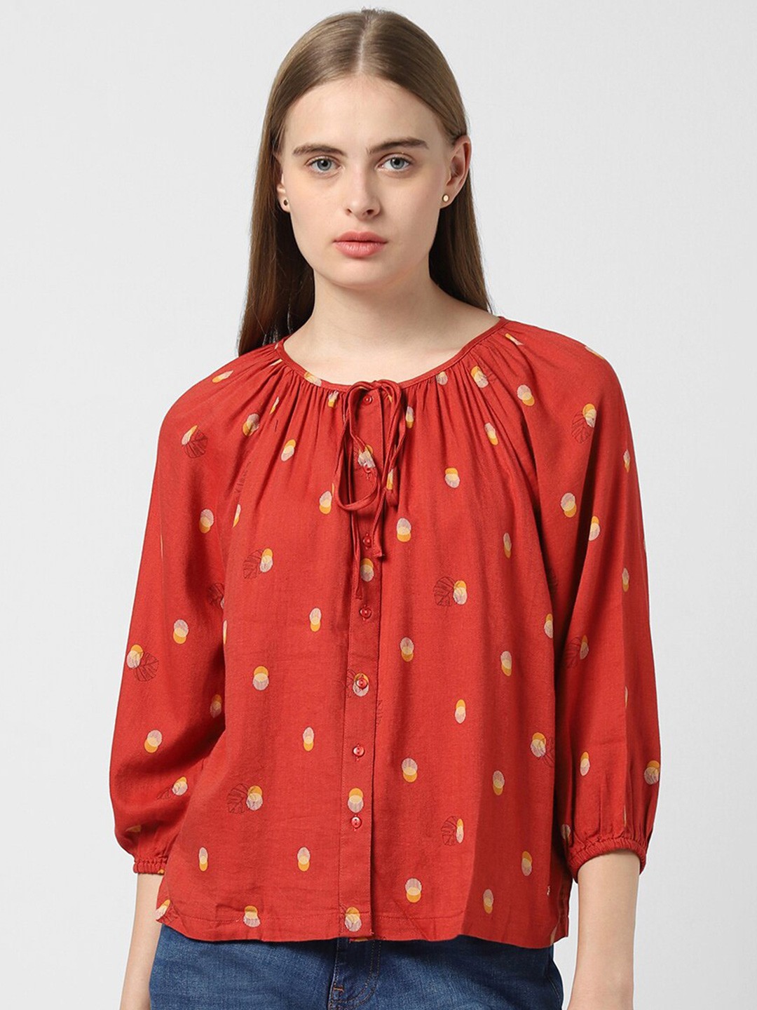 

Van Heusen Woman Printed Tie-Up Neck Shirt Style Top, Orange