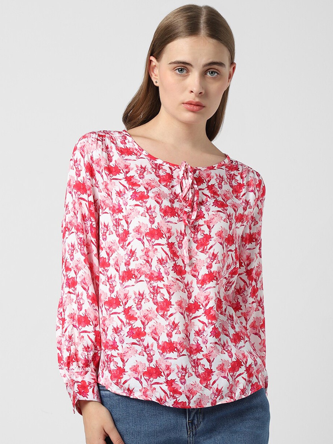 

Van Heusen Woman Floral Printed Tie-Up Neck Cuffed Sleeves Top, Pink