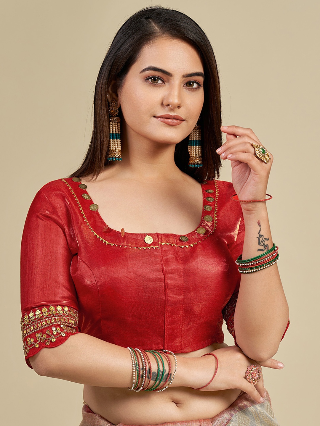 

VISHNU WEAVES Embroidered Padded Saree Blouse, Red