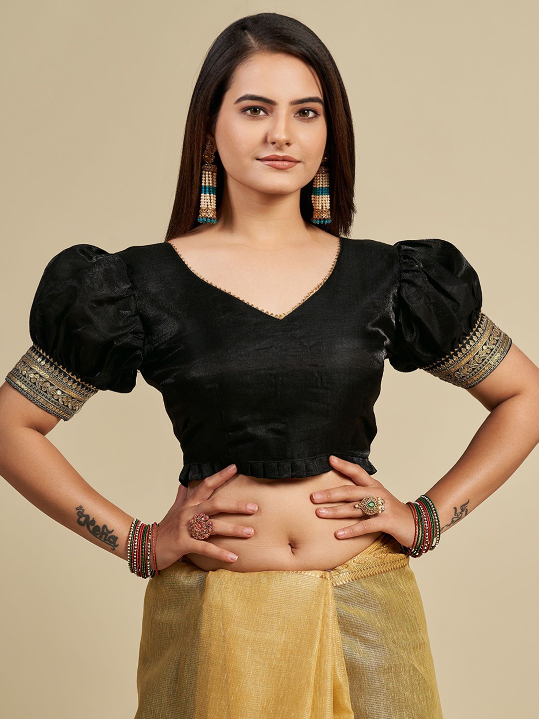 

VISHNU WEAVES Padded Embroidered Sleeves Saree Blouse, Black