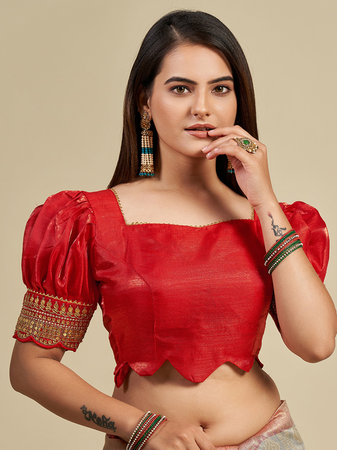 

VISHNU WEAVES Padded Embroidered Sleeves Saree Blouse, Red