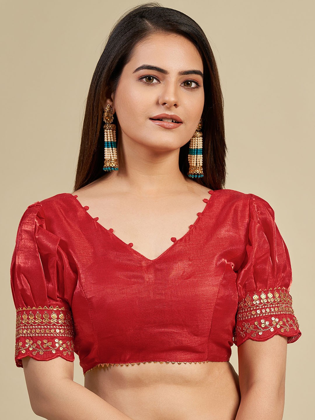 

VISHNU WEAVES Padded Embroidered Sleeves Saree Blouse, Red