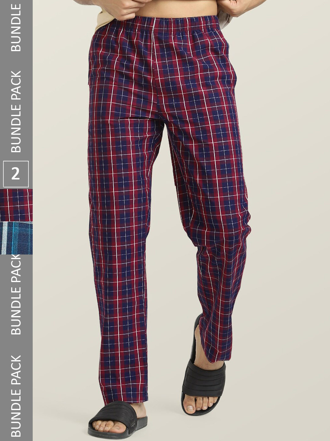 

XYXX Men Pack Of 2 Checked anti-microbial Cotton Lounge Pants, Maroon