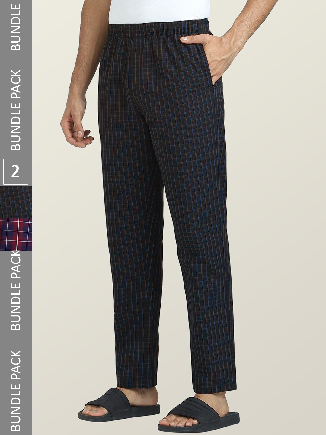 

XYXX Men Pack Of 2 Checked Cotton Lounge Pants, Maroon