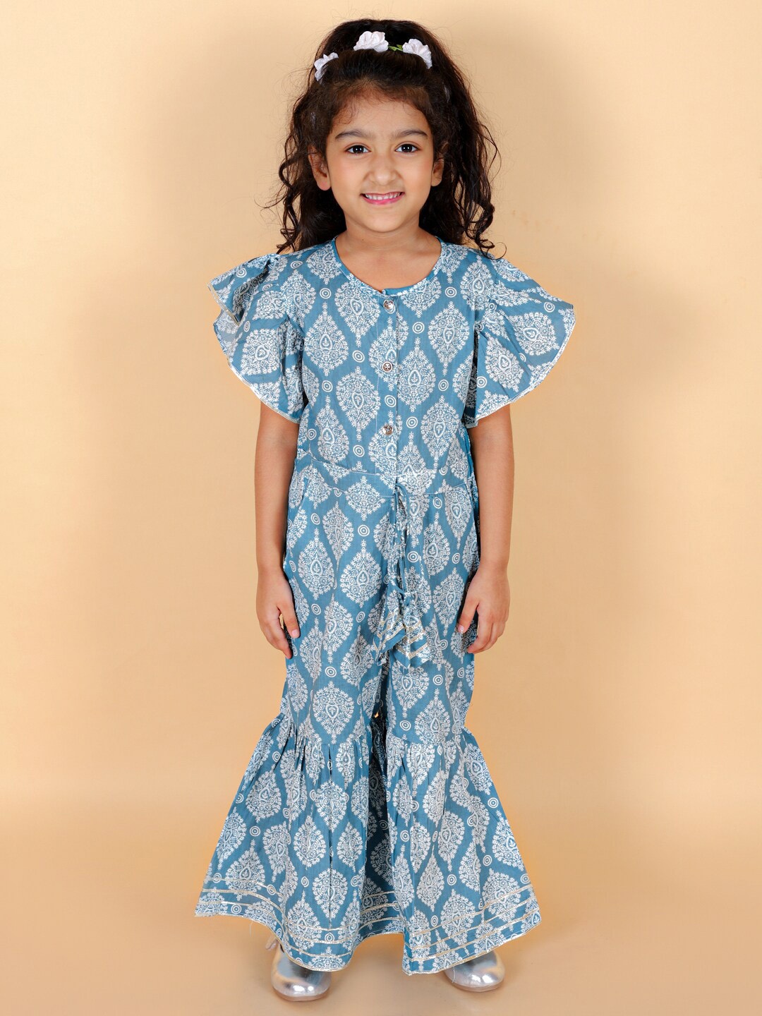 

Stuffie Land Girls Printed Cotton Basic Jumpsuit With Ruffles, Blue