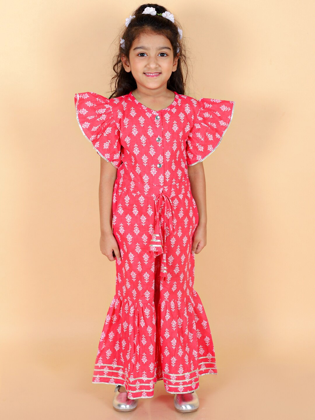 

Stuffie Land Girls Printed Cotton Basic Jumpsuit With Ruffles, Pink