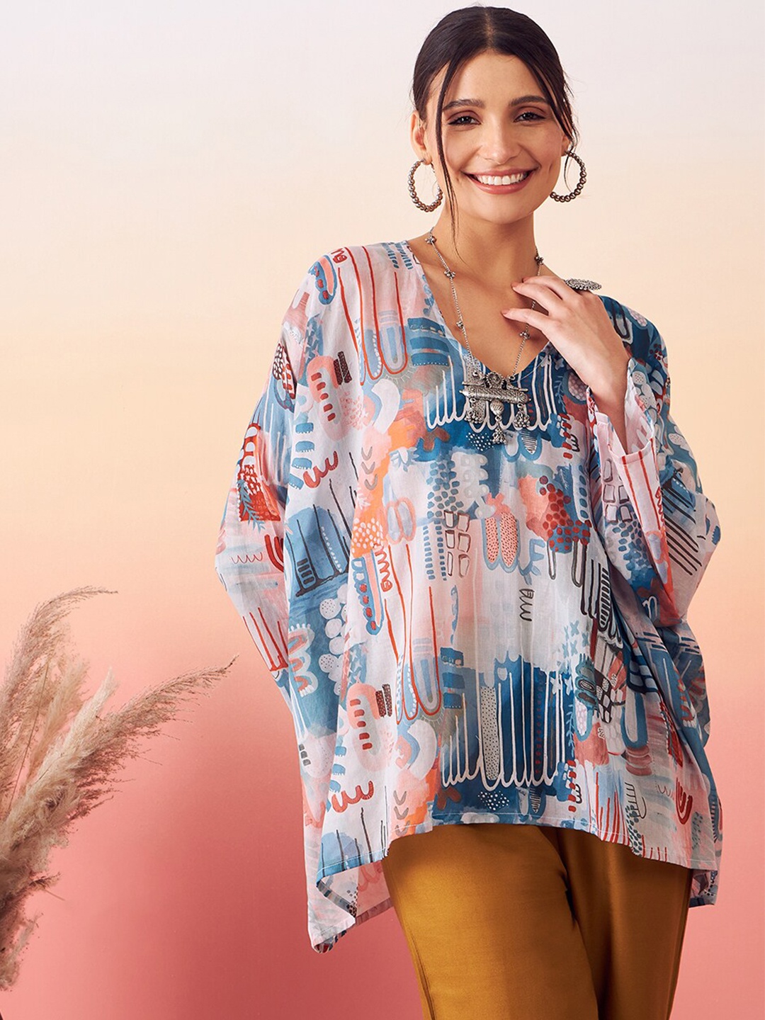 

stories of dori Graphic Printed V-Neck Extended Sleeves Cotton Boxy Top, Blue