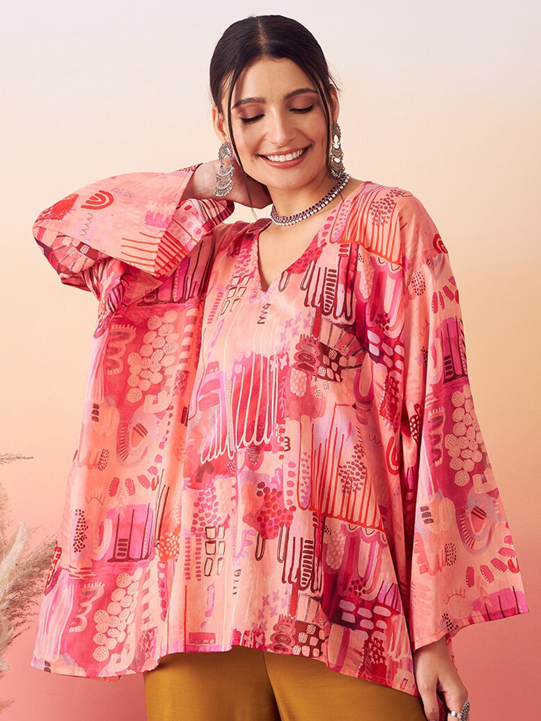 

stories of dori Ethnic Motifs Printed V-Neck A-Line Longline Cotton Top, Pink