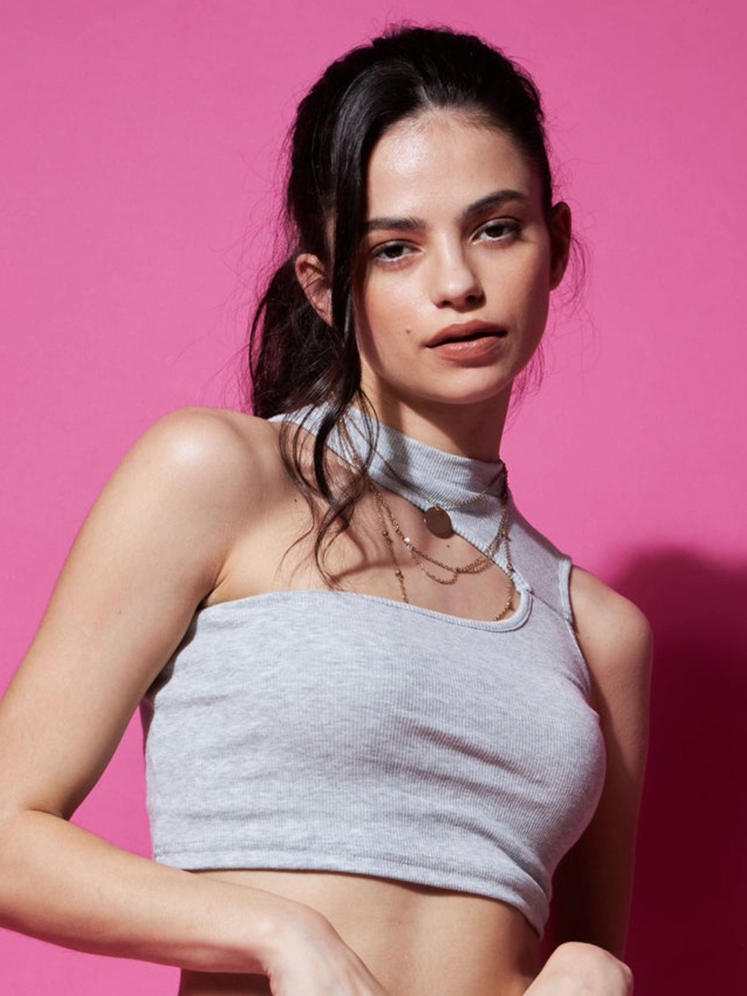 

Outcast Ribbed High Neck Fitted Crop Top, Grey