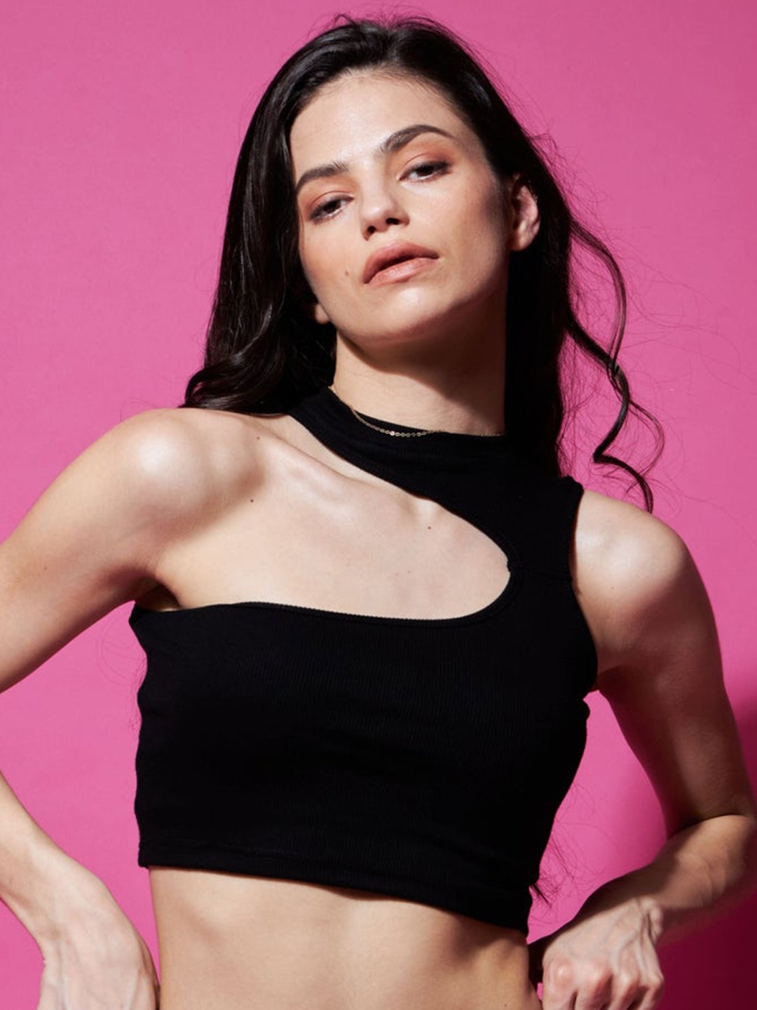 

Outcast Ribbed High Neck Fitted Crop Top, Black