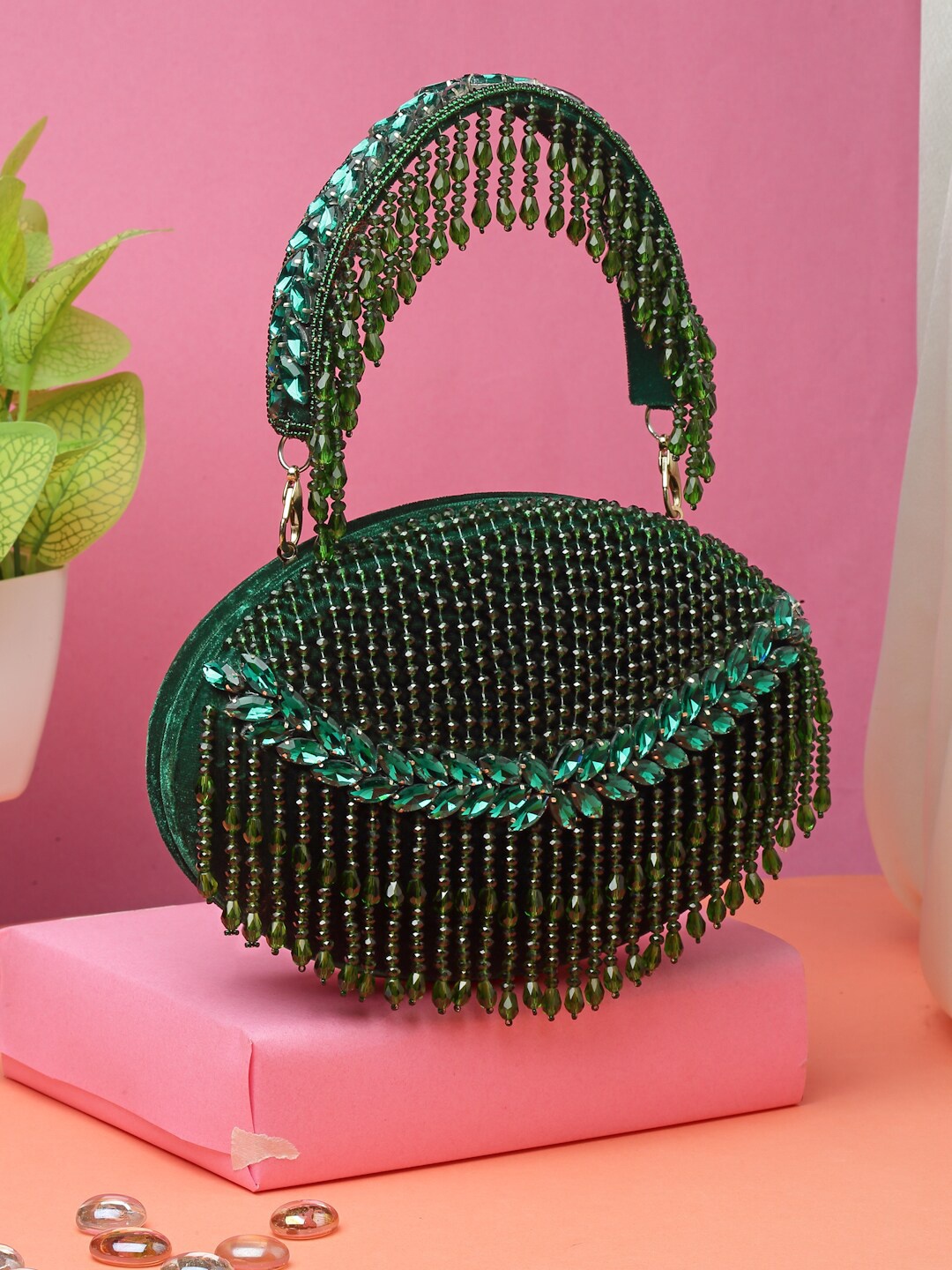 

Anekaant Embellished Wrist Loop Tasselled Half Moon Clutch, Green