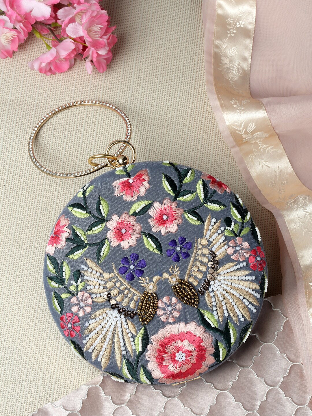

Anekaant Embroidered Embellished Shoulder Strap Purse Clutch, Grey