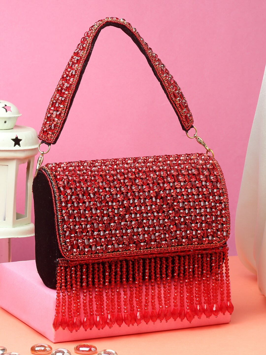 

Anekaant Embellished Tasselled Foldover Clutch, Red