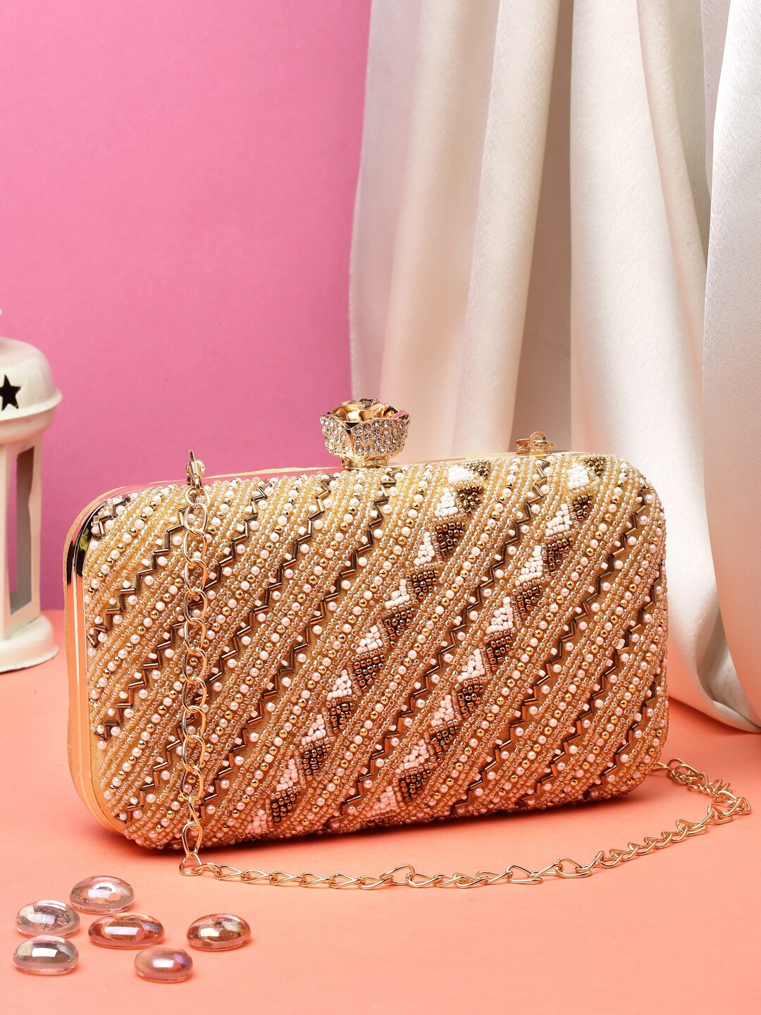 

Anekaant Embellished Shoulder Strap Buckle Detail Box Clutch, Beige