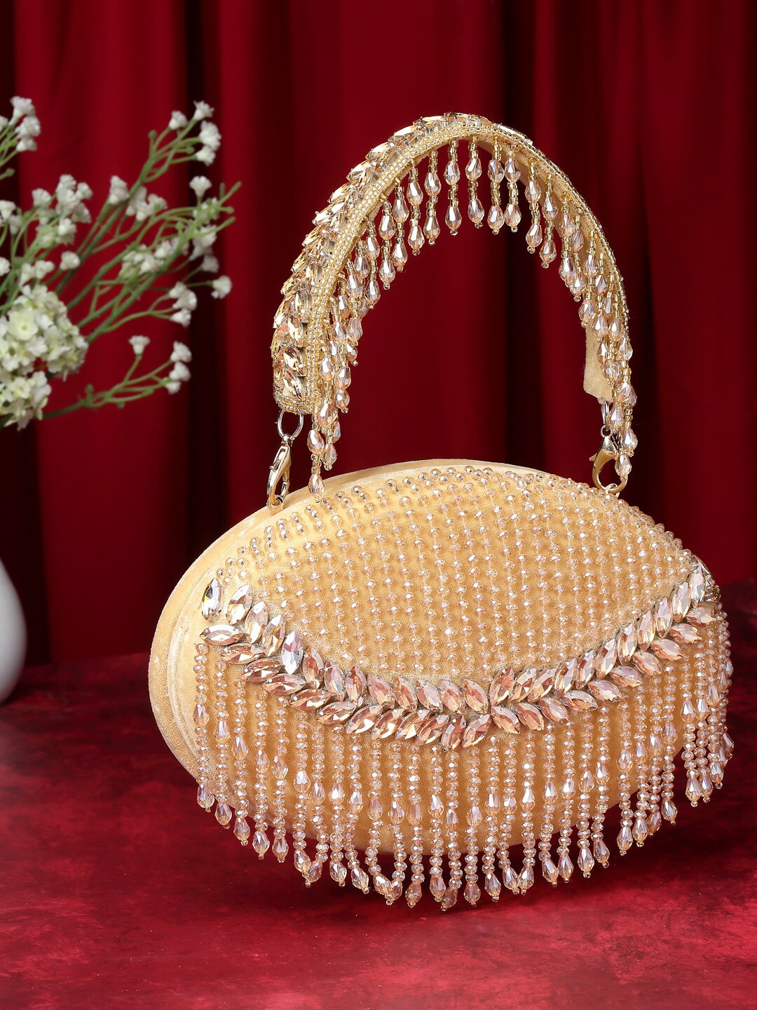 

Anekaant Embellished Tasselled Half Moon Clutch, Beige