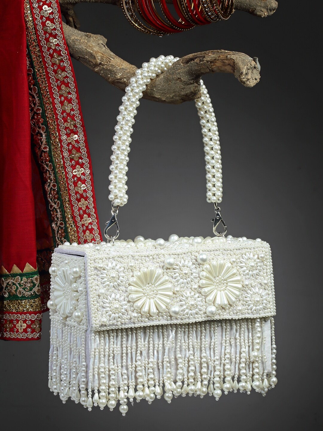 

Anekaant Embellished Tasselled Foldover Clutch, Off white